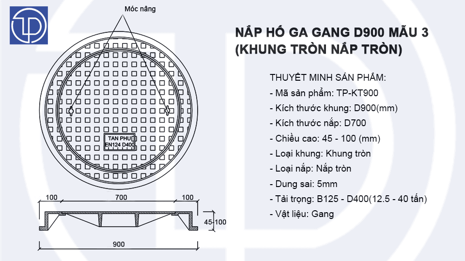 Bản vẽ kỹ thuật nắp gang khung tròn D900 - mẫu 3
