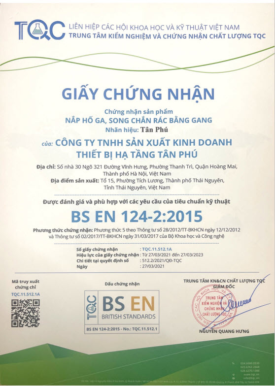 Chứng chỉ Gang BS EN 124-2:2015 của Tân Phú