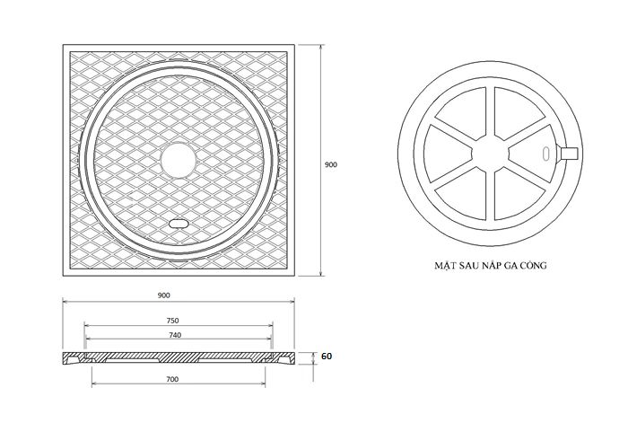 Nắp hố ga composite khung vuông dương nắp tròn 900x900x60 mm