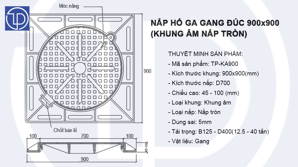 bản vẽ Nắp hố ga gang 900x900 (khung âm nắp tròn) mã TP-KA900 1