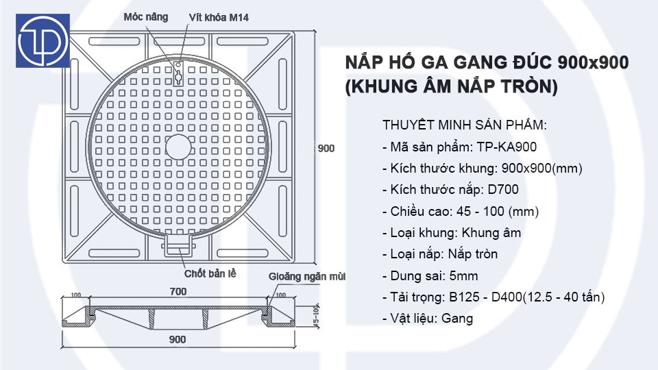 Bản vẽ nắp hố ga gang 900x900 (khung âm nắp tròn) mã TP-KA900 2