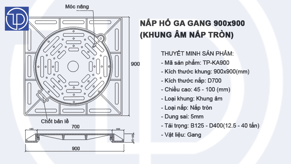 Bản vẽ nắp hố ga gang 900x900 (khung âm nắp tròn) mã TP-KA900 3