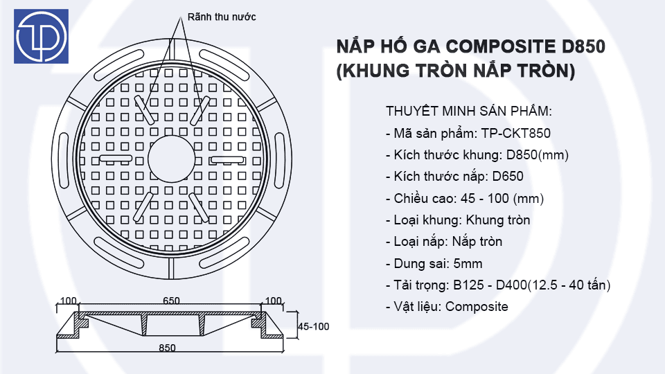 Bản vẽ kỹ thuật nắp hố ga composite D850 mã TP-KT850 1