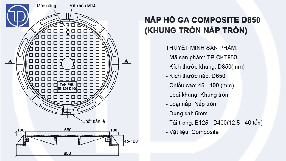 Bản vẽ kỹ thuật nắp hố ga composite D850 mã TP-KT850 2