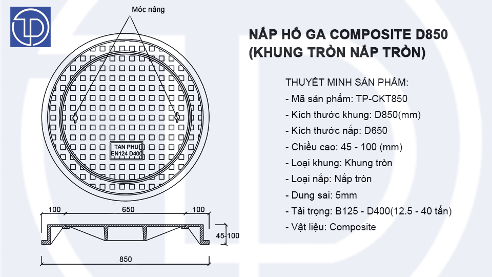 Bản vẽ kỹ thuật nắp hố ga composite D850 mã TP-KT850 3