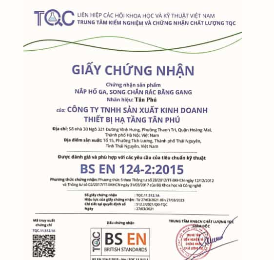 Giấy chứng nhận TQC sản phẩm của Tân Phú